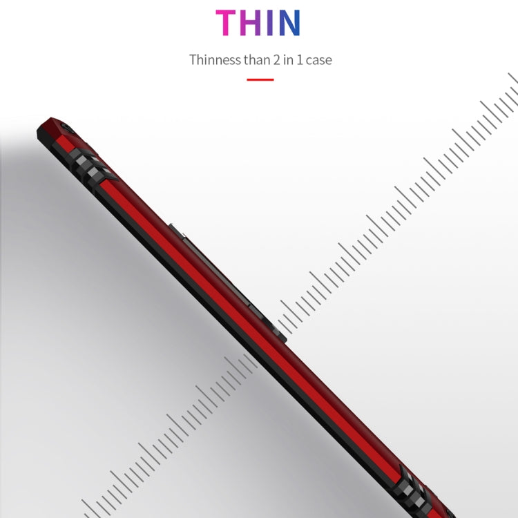 Red slim-profile protective phone case edge view with textured grip and raised protection