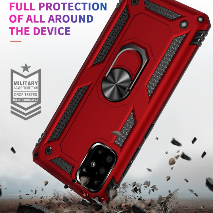 Red rugged shockproof phone case with full all-around protection and metal ring holder