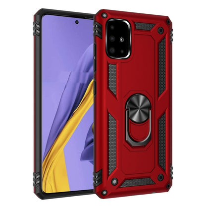 Red rugged shockproof phone case with metal ring 360° rotating holder, front and back visible