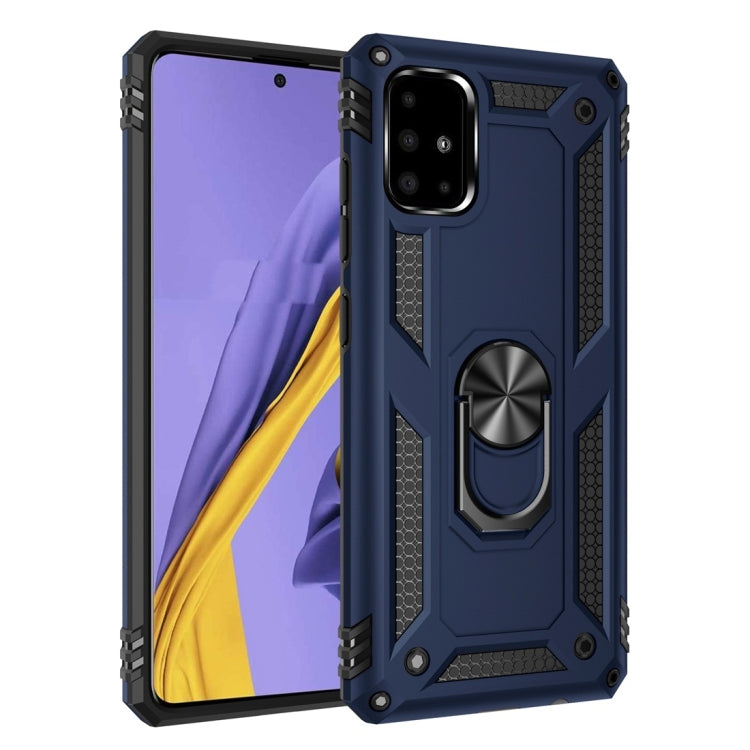 Blue rugged protective phone case with metal ring 360° rotating holder, front and back visible