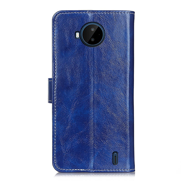 Blue flip leather phone case with camera cutout and vertical back seam