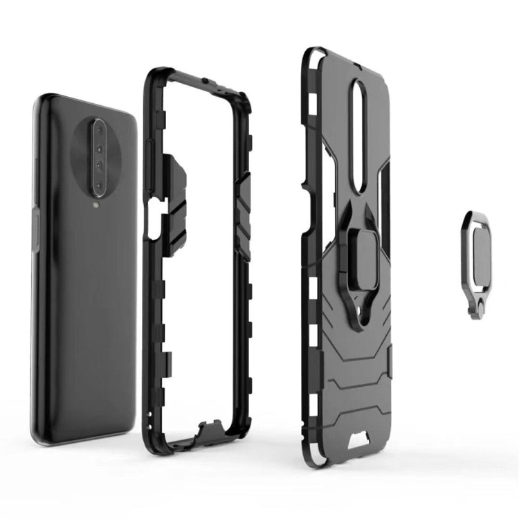 Rugged phone case with magnetic ring holder shown in front/back pieces and separate holder