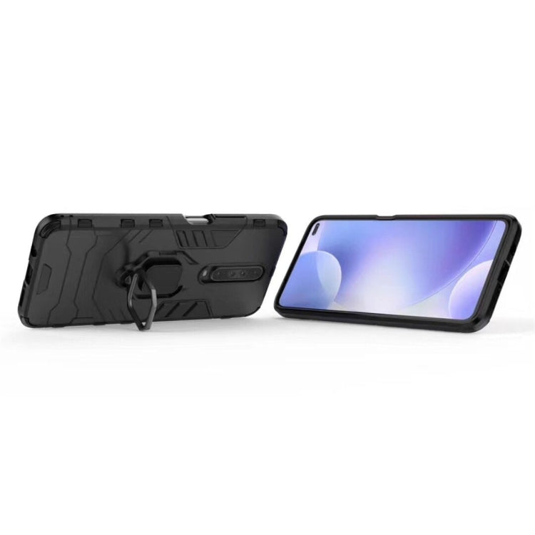 Rugged black shockproof phone case with magnetic ring holder, front and back views
