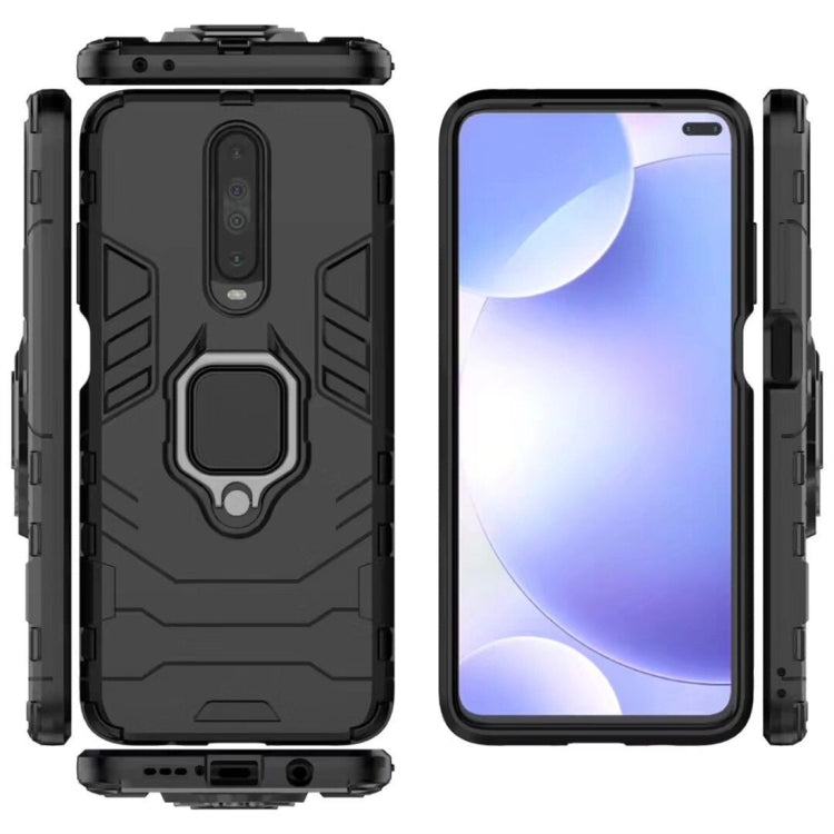 Rugged black phone case with magnetic ring holder, front and back with side button cutouts
