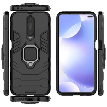 Rugged black phone case with magnetic ring holder, front and back with side button cutouts