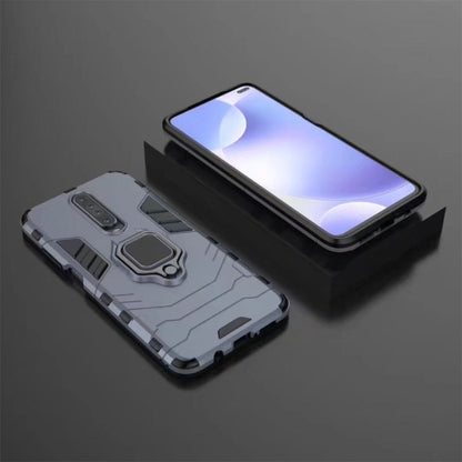 Black rugged shockproof phone case with magnetic ring holder, shown on device