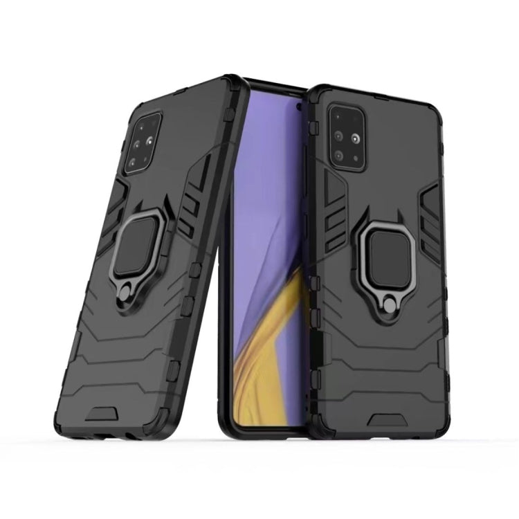 Rugged black phone case with magnetic ring holder, shown open with phone back and camera cutout