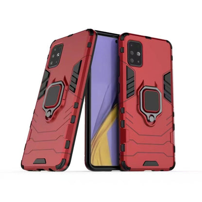 Rugged red phone case with magnetic ring holder, shown with phone front and back