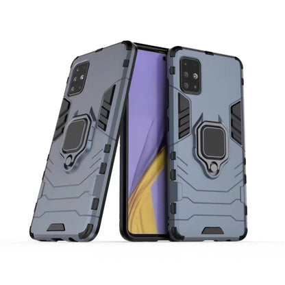Navy blue rugged shockproof case with magnetic ring holder, shown on two views
