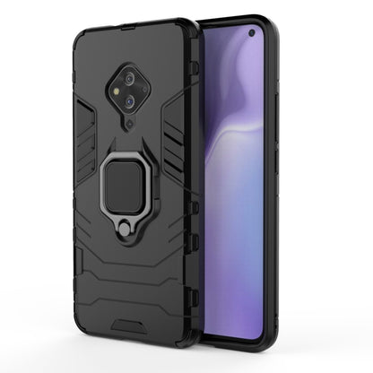Black shockproof phone case with magnetic ring holder, TPU/PC rugged protection.