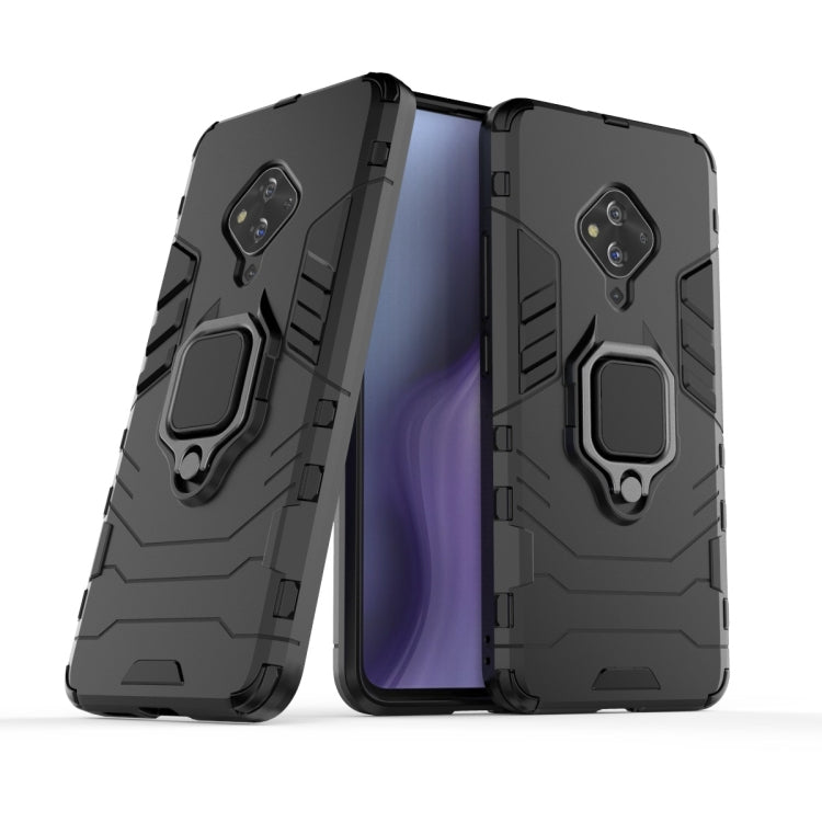 Black rugged phone case with magnetic ring holder, TPU/PC bumper and back cover.