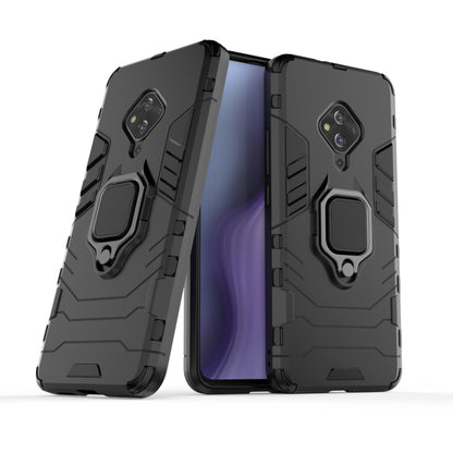 Black rugged phone case with magnetic ring holder, TPU/PC bumper and back cover.