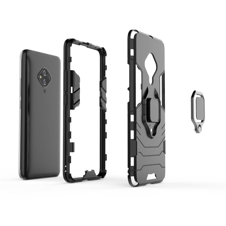 Black shockproof phone case with magnetic ring holder, shown with loose back plate.