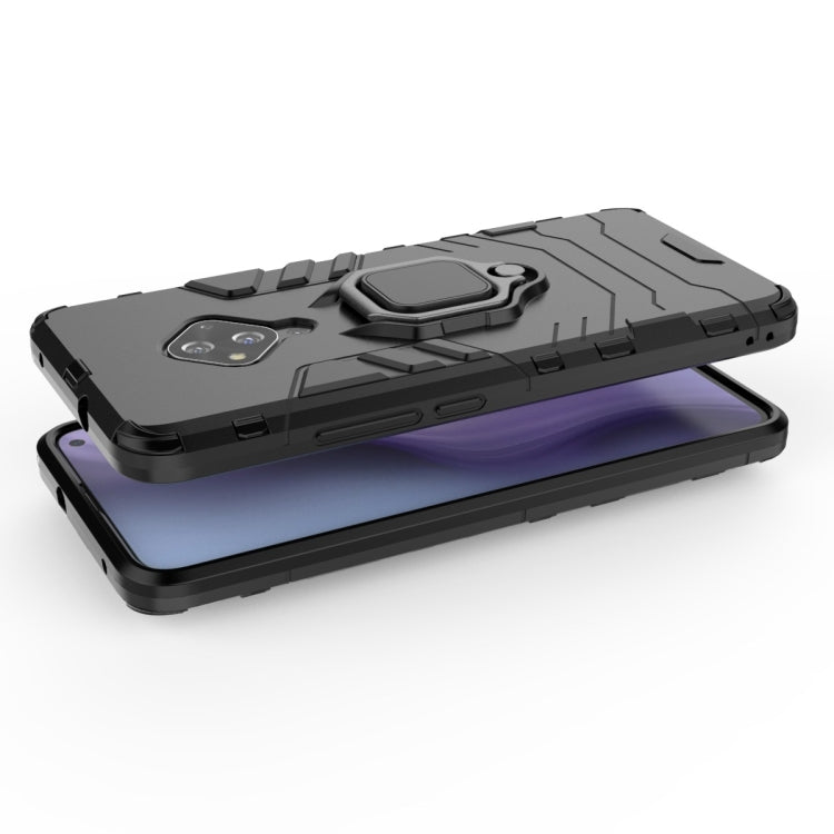 Black shockproof phone case with magnetic ring holder and rugged TPU/PC armor.