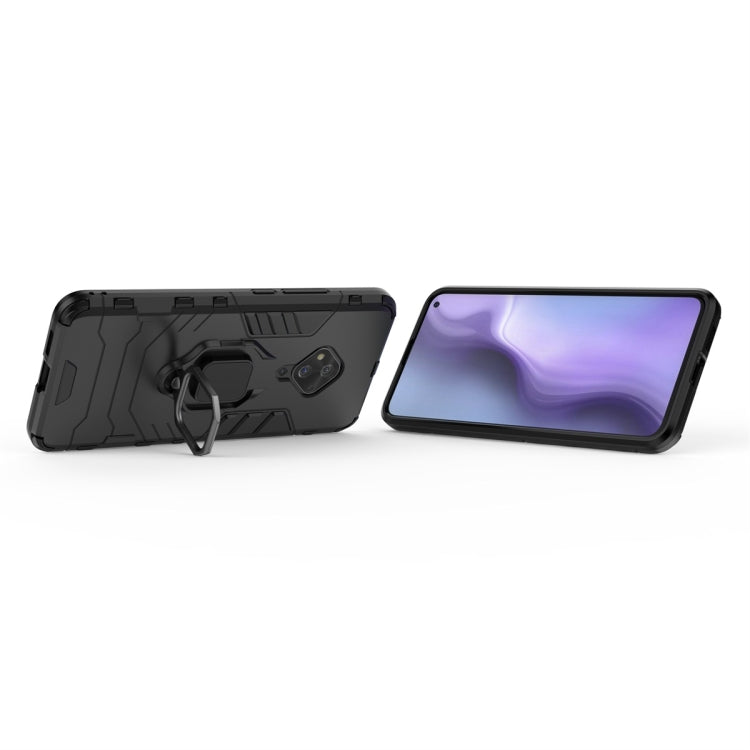 Black shockproof phone case with magnetic ring holder, front and back view.