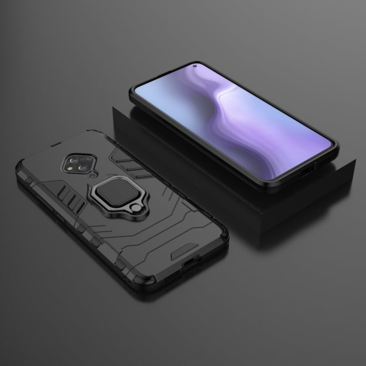 Black shockproof phone case with magnetic ring holder, rugged TPU/PC design.