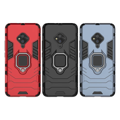 Three rugged phone cases: red, black, and blue with magnetic ring holders.