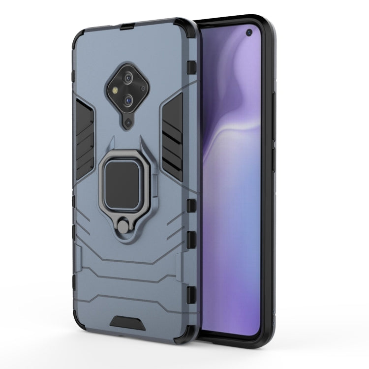 Navy blue shockproof phone case with magnetic ring holder, rugged TPU/PC protection.