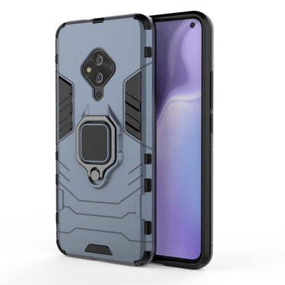 Navy blue shockproof phone case with magnetic ring holder, rugged TPU/PC protection.