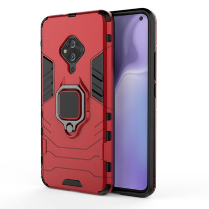 Red shockproof phone case with magnetic ring holder, rugged TPU/PC protection.