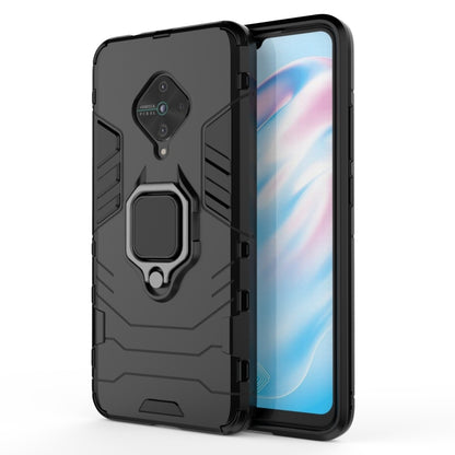 Black shockproof phone case with magnetic ring holder, TPU/PC rugged armor.