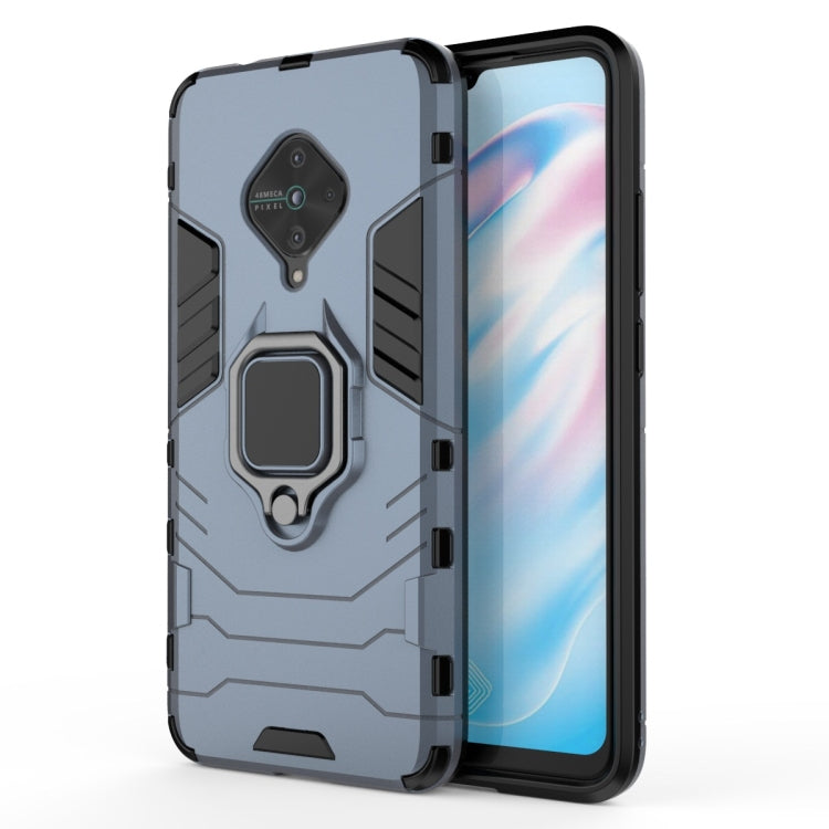 Shockproof phone case with magnetic ring holder, dark blue PC + TPU protection