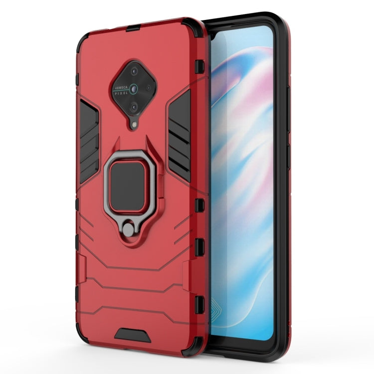 Shockproof phone case with magnetic ring holder, red PC + TPU protection