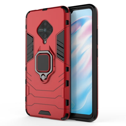 Shockproof phone case with magnetic ring holder, red PC + TPU protection