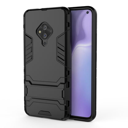 Black shockproof phone case with textured armor design and camera cutout