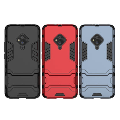 Rugged shockproof phone cases in black, red, and blue-gray with camera cutouts