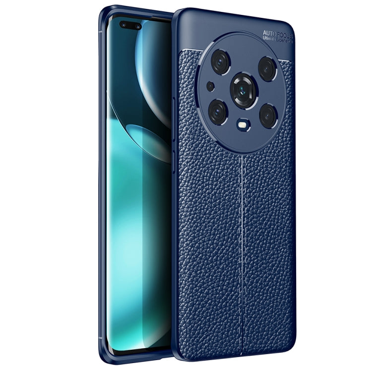 Blue textured TPU phone case with raised camera protection and side buttons