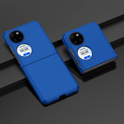 Blue oil-sprayed PC phone case pair, showing camera lens cutouts and layered hinge design.