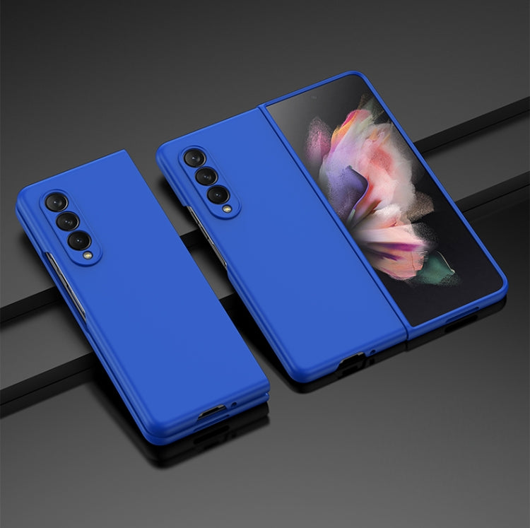 Oil-sprayed PC phone case, blue, with camera cutouts and hinged cover.