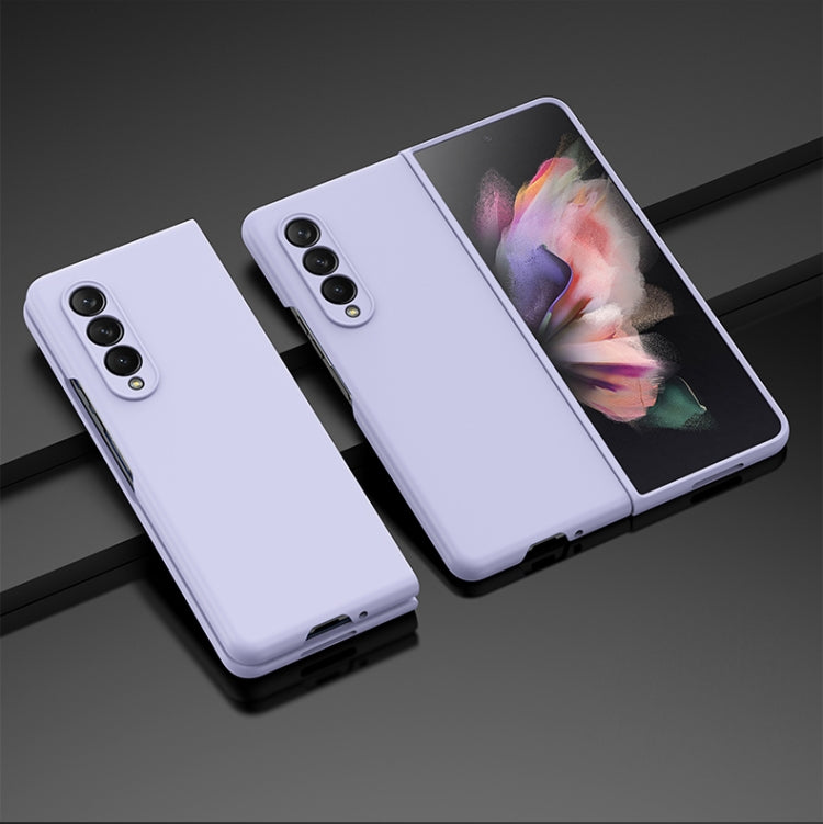 Oil-sprayed PC phone case, light purple, with camera cutouts and hinged cover.