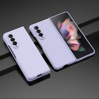 Oil-sprayed PC phone case, light purple, with camera cutouts and hinged cover.