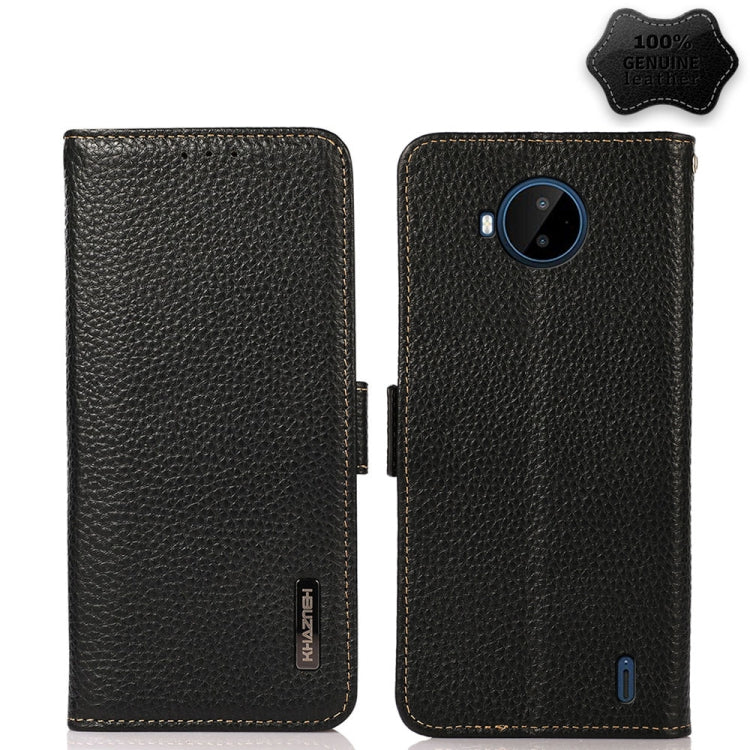 KHAZNEH genuine litchi leather RFID phone case, black, side-magnetic closure, card slot