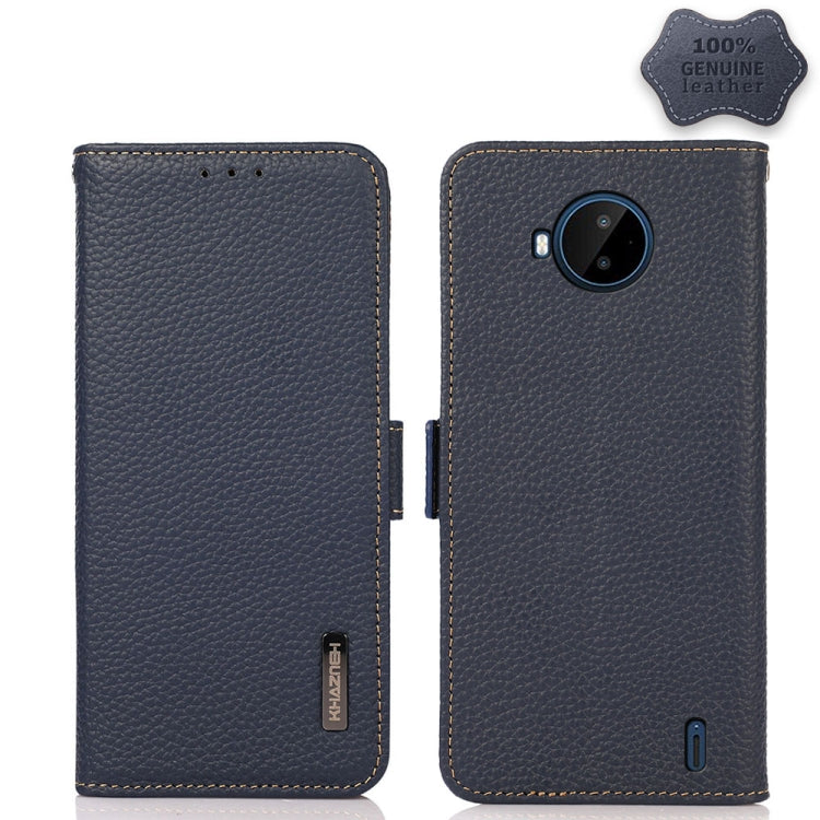 KHAZNEH genuine litchi leather RFID phone case, blue, side-magnetic flip cover, camera cutout