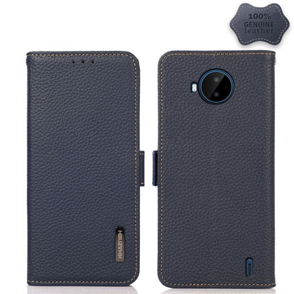 KHAZNEH genuine litchi leather RFID phone case, blue, side-magnetic flip cover, camera cutout