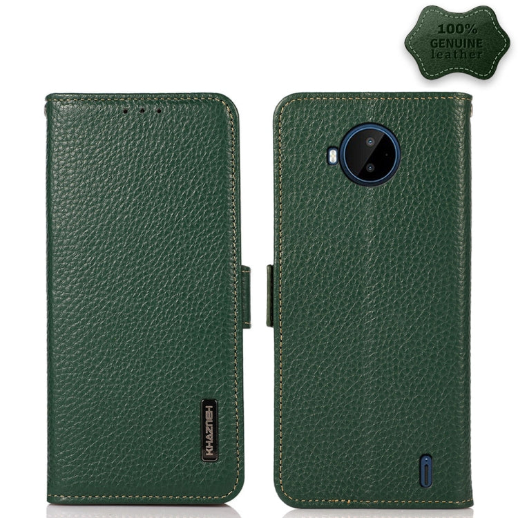 Genuine leather RFID phone case with side magnetic closure, green litchi texture, front and back