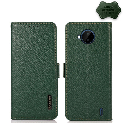 Genuine leather RFID phone case with side magnetic closure, green litchi texture, front and back