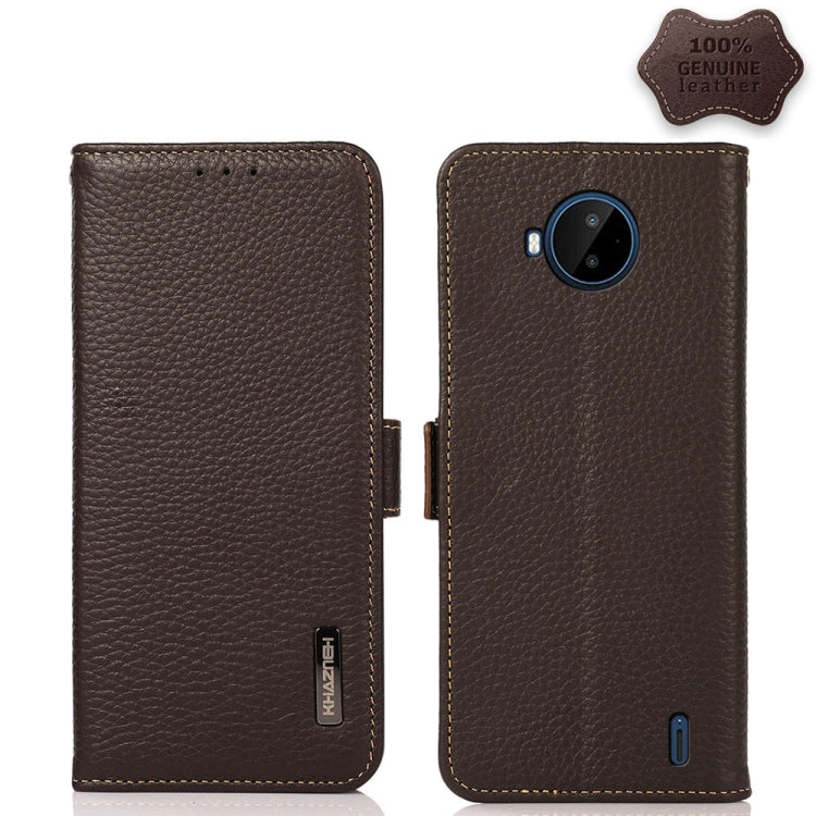 Genuine leather RFID phone case with side magnetic closure, brown litchi texture, front cover