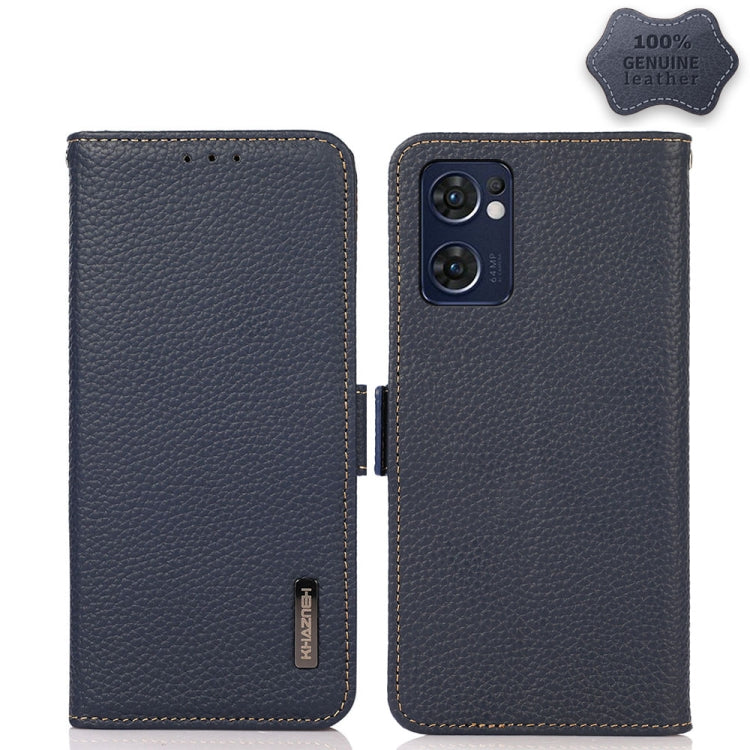 Genuine leather RFID phone case with side magnetic closure, blue litchi texture, front cover