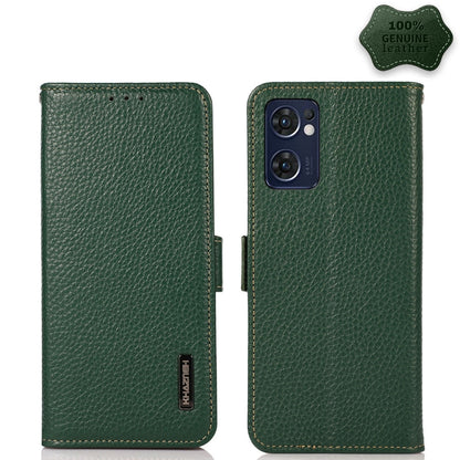 Genuine leather RFID phone case with side magnetic closure, green litchi texture, camera cutout