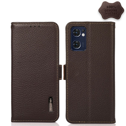 Genuine leather RFID phone case with side magnetic closure, brown litchi texture, camera cutout