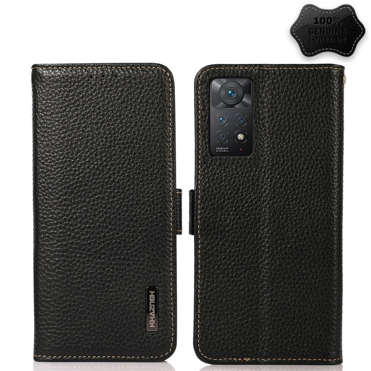 KHAZNEH genuine litchi leather RFID phone case, black, dual camera cutout and stitching