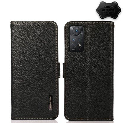 KHAZNEH genuine litchi leather RFID phone case, black, dual camera cutout and stitching
