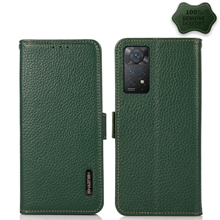 Genuine leather RFID phone case with side magnetic closure, green litchi texture, quad camera cutout