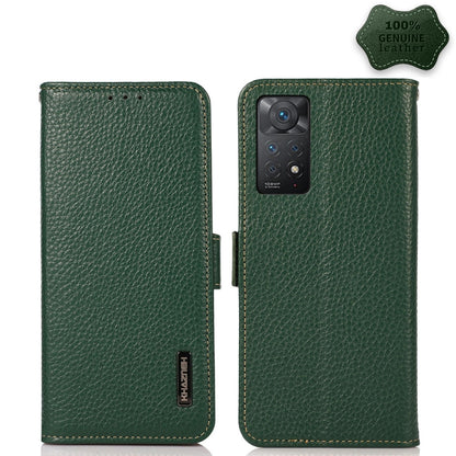 Genuine leather RFID phone case with side magnetic closure, green litchi texture, quad camera cutout