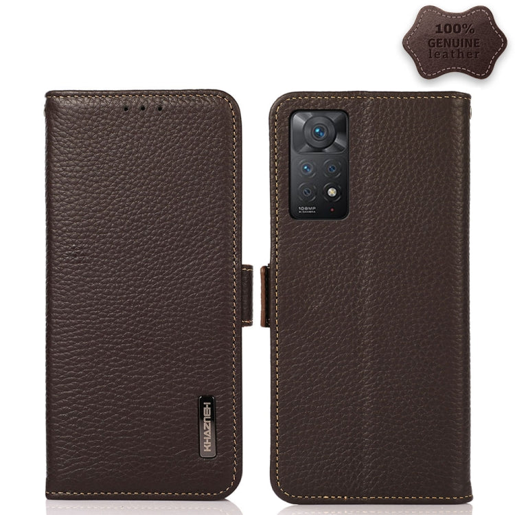 Genuine leather RFID phone case with side magnetic closure, brown litchi texture, quad camera cutout