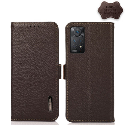 Genuine leather RFID phone case with side magnetic closure, brown litchi texture, quad camera cutout